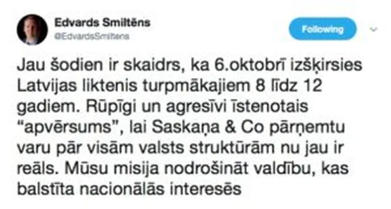 Ekrānšāviņš no Edvarda Smiltēna ieraksta Twitter