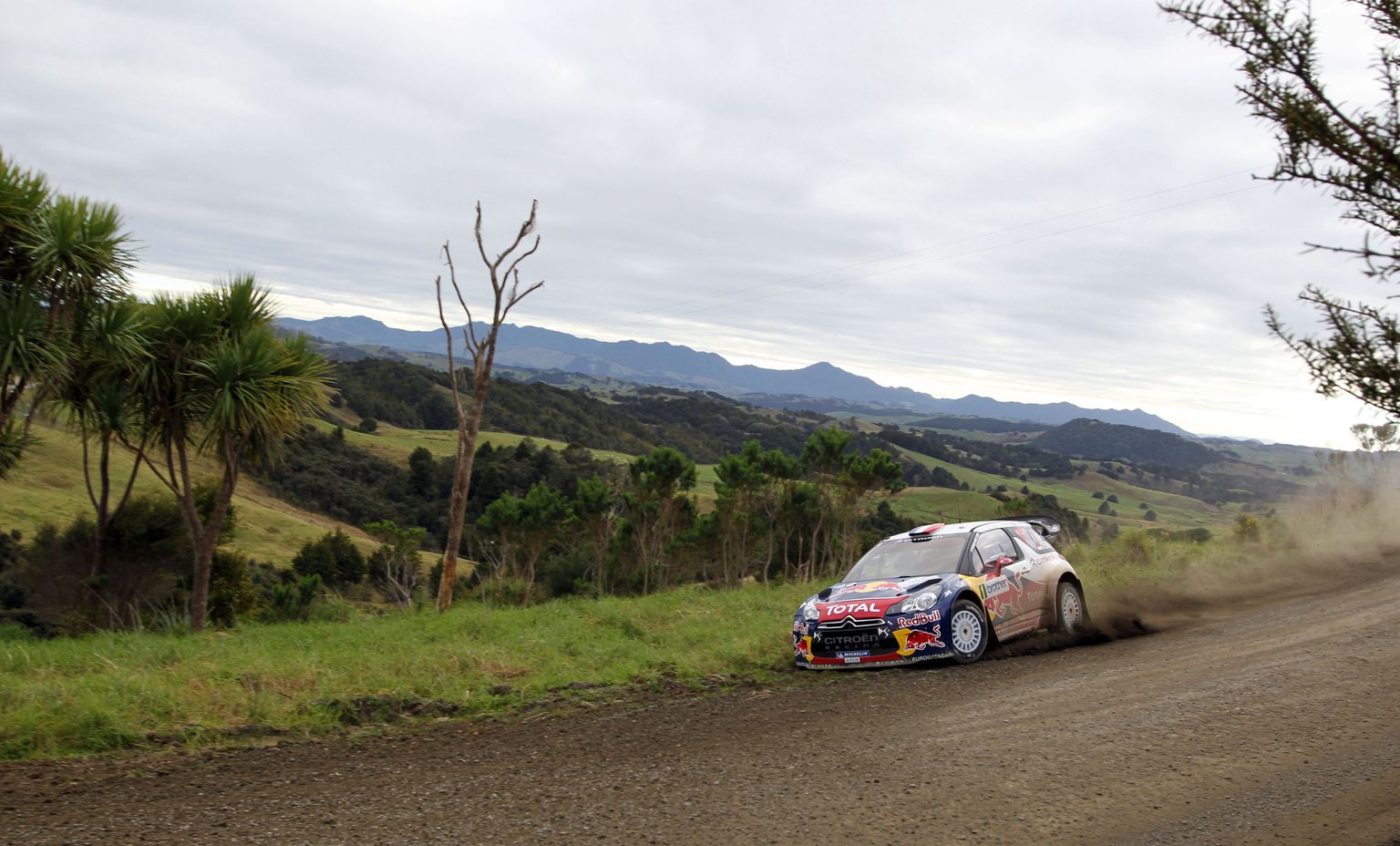 Pilt Uus-Meremaa rallilt, kui sellel eelmisel korral kihutati MM-punktidele aastal 2012. Sõidab Sebastian Loeb Citroen DS3-l.
