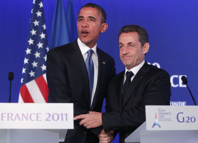 Baraks Obama un Nikolā Sarkozī G20 samitā 2011.gada 3.novembrī