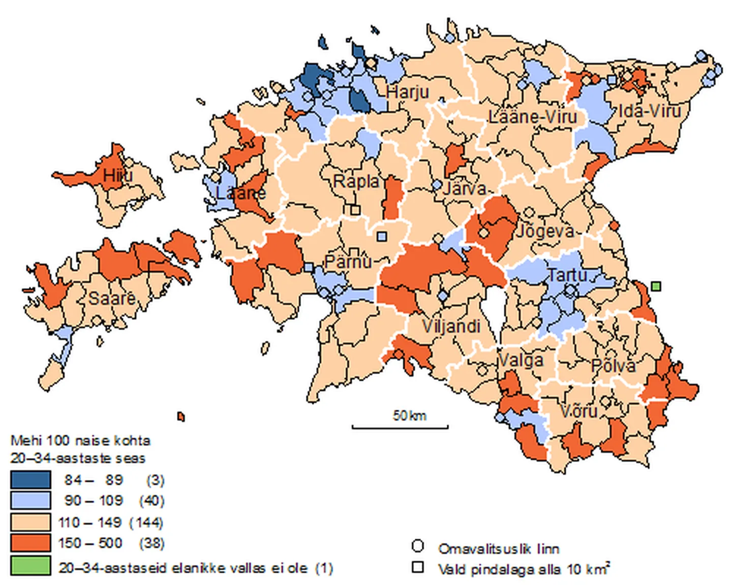 Kaart 1. 20–34-aastaste meeste arv 100 samas vanuserühmas oleva naise kohta omavalitsusüksustes, 31.12.2011. Allikas: statistikaamet