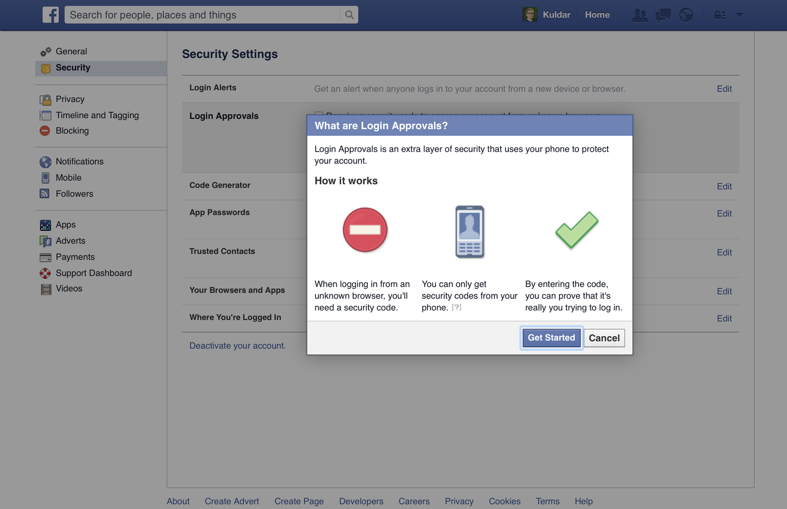 Facebookis saab kahe teguriga autentimise aktiveerida turvaseadete alt.
