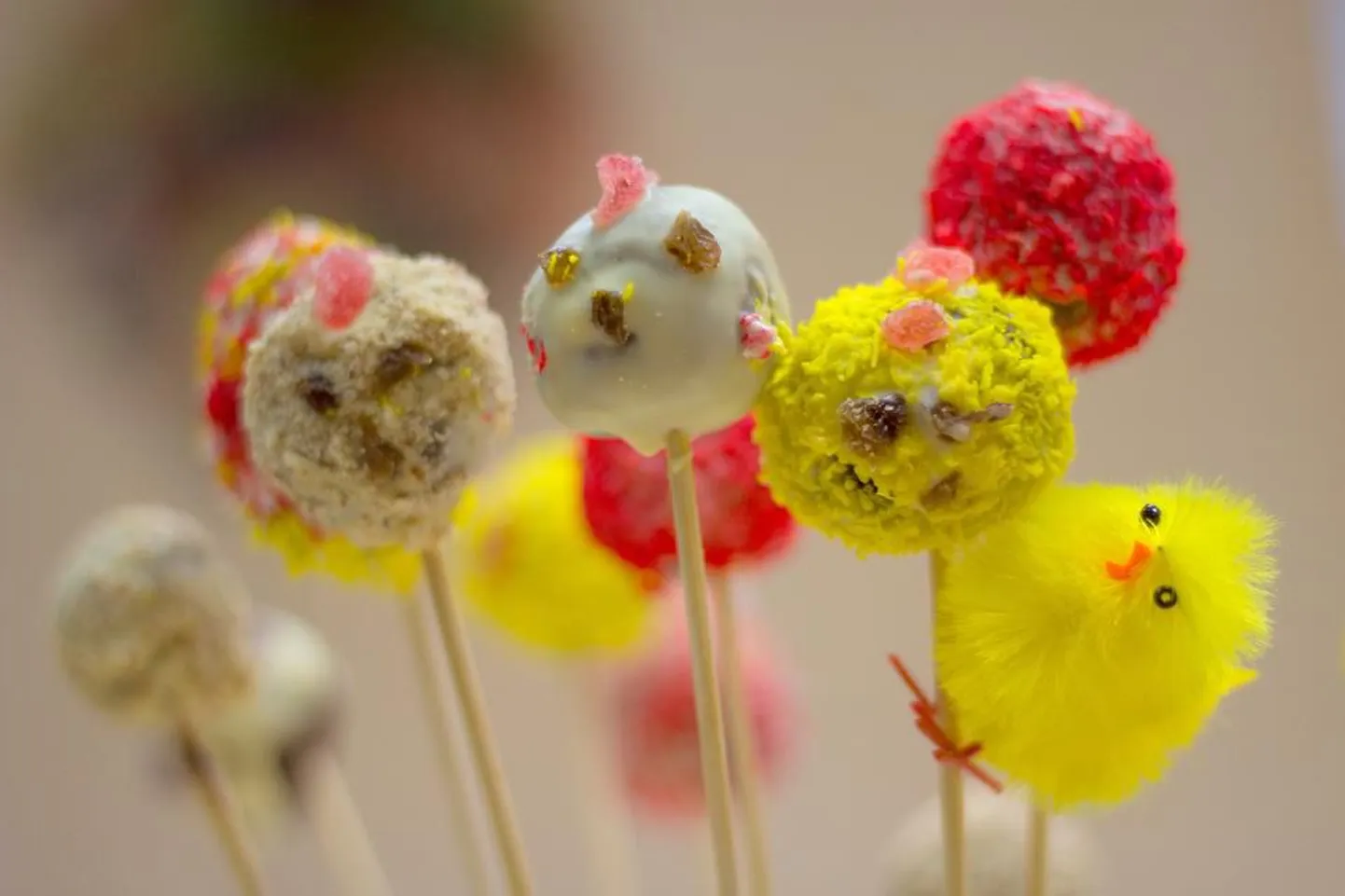 Veereta poolest kogusest umbes 15grammised pallikesed ja ülejäänud poolest umbes 18grammised munakujuga koogikesed. Suuremaid ei tasu teha: muidu ei jaksa pulgad neid hoida.