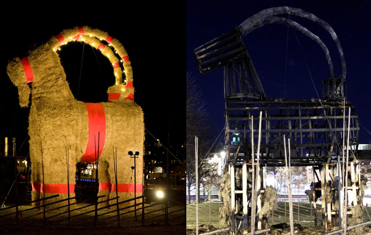 Gävle jõulusokk 2013. aastal enne ja pärast tuleroaks langemist.