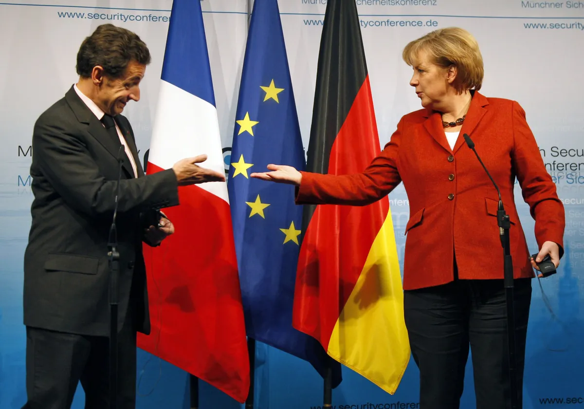 French President Nicolas Sarkozy and German Chancellor Angela Merkel at the Munich Security Conference.