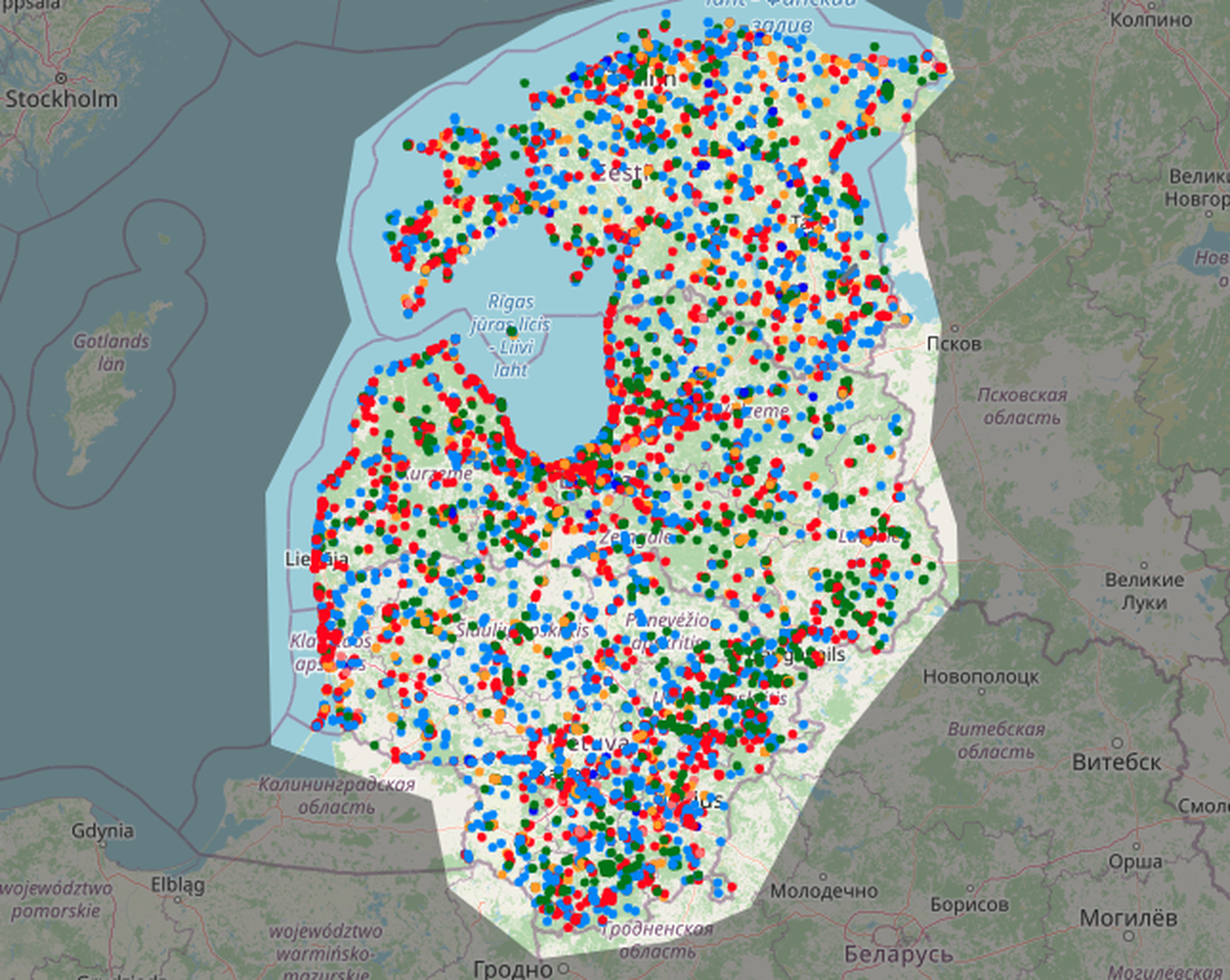 Карта достопримечательностей, ресторанов и мест отдыха в Прибалтике