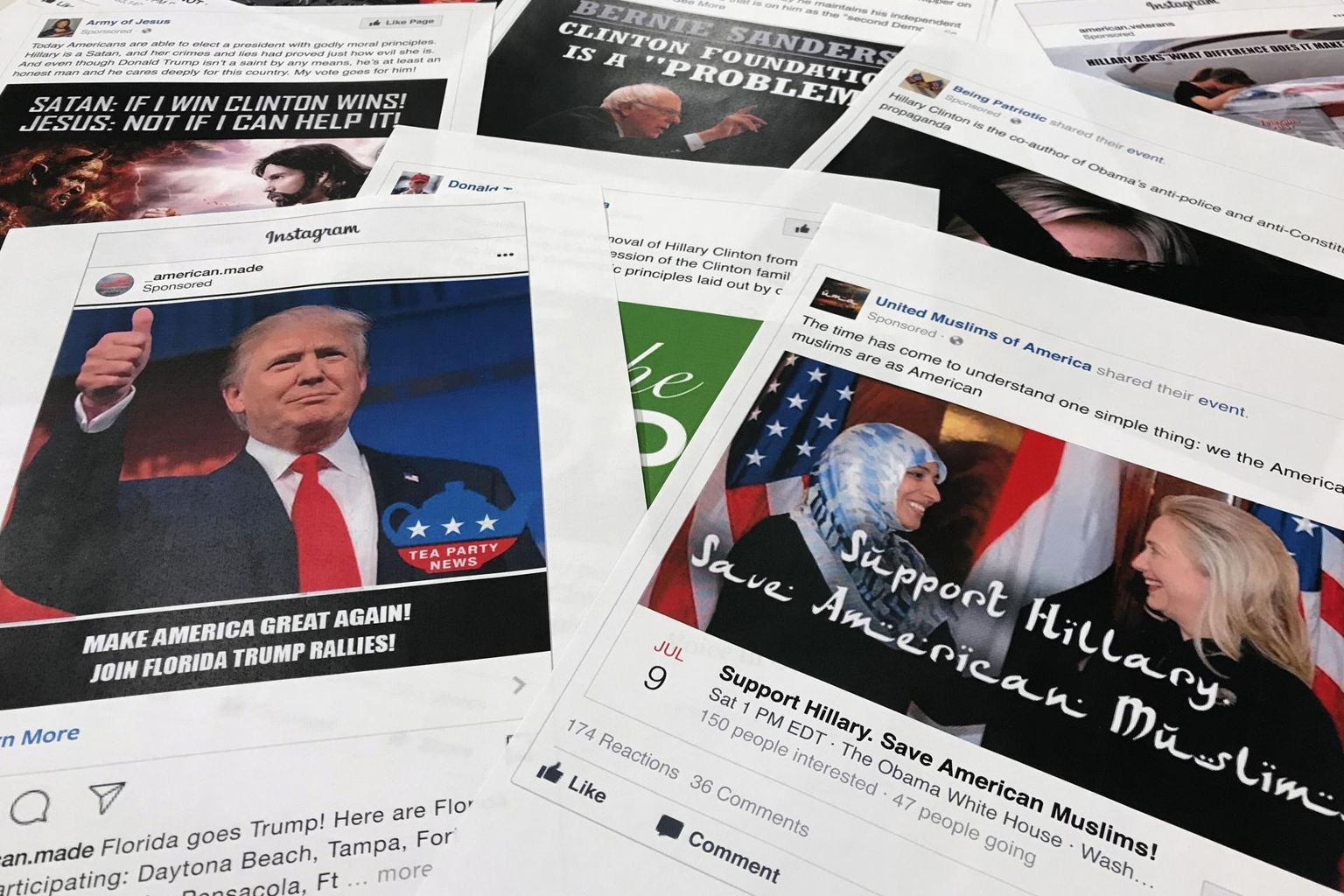 Näiteid Kremli mõjukampaaniast sotsiaalmeedias. Ameerika Ühendriikide presidendivalimistesse sekkumiseks loodi libakontosid Facebooki, Twitterisse, Instagrami, Youtube’i, Redditisse, Tumblri, Pinteresti, Vine’i, Google Plussi ja mujale. 