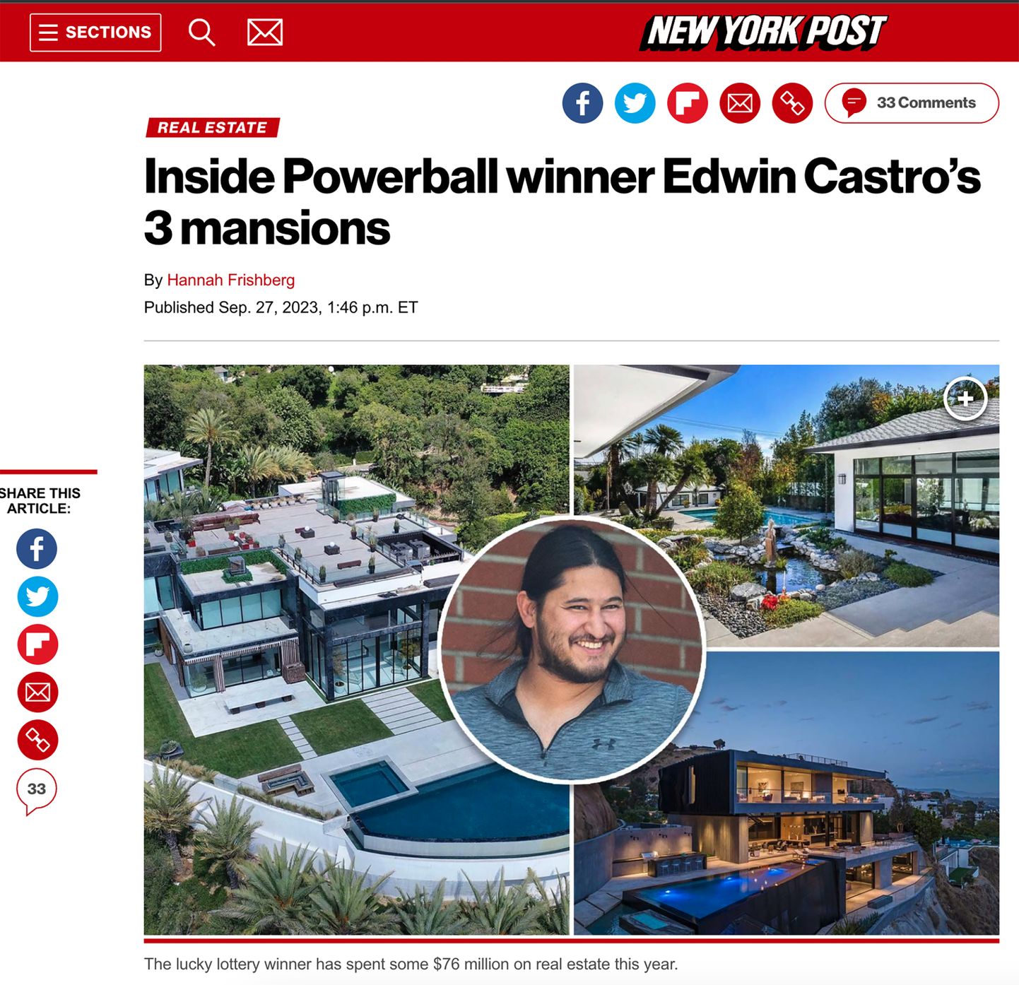 ÕNNESEEN: Ameeriklasele Edwin Castrole naeratas õnn. Aasta tagasi võitis ta loteriiga üle 2 miljardi dollari. Ta otsustas kohe välja võtta 628 miljonit ega soostunud järkjärguliste maksetega, mis oleksid kestnud pea 30 aastat. Raha on ta kohe ka kulutama  hakanud. Pildil on maja Los Angelesis, mille Castro soetas 47 miljoni dollari eest.