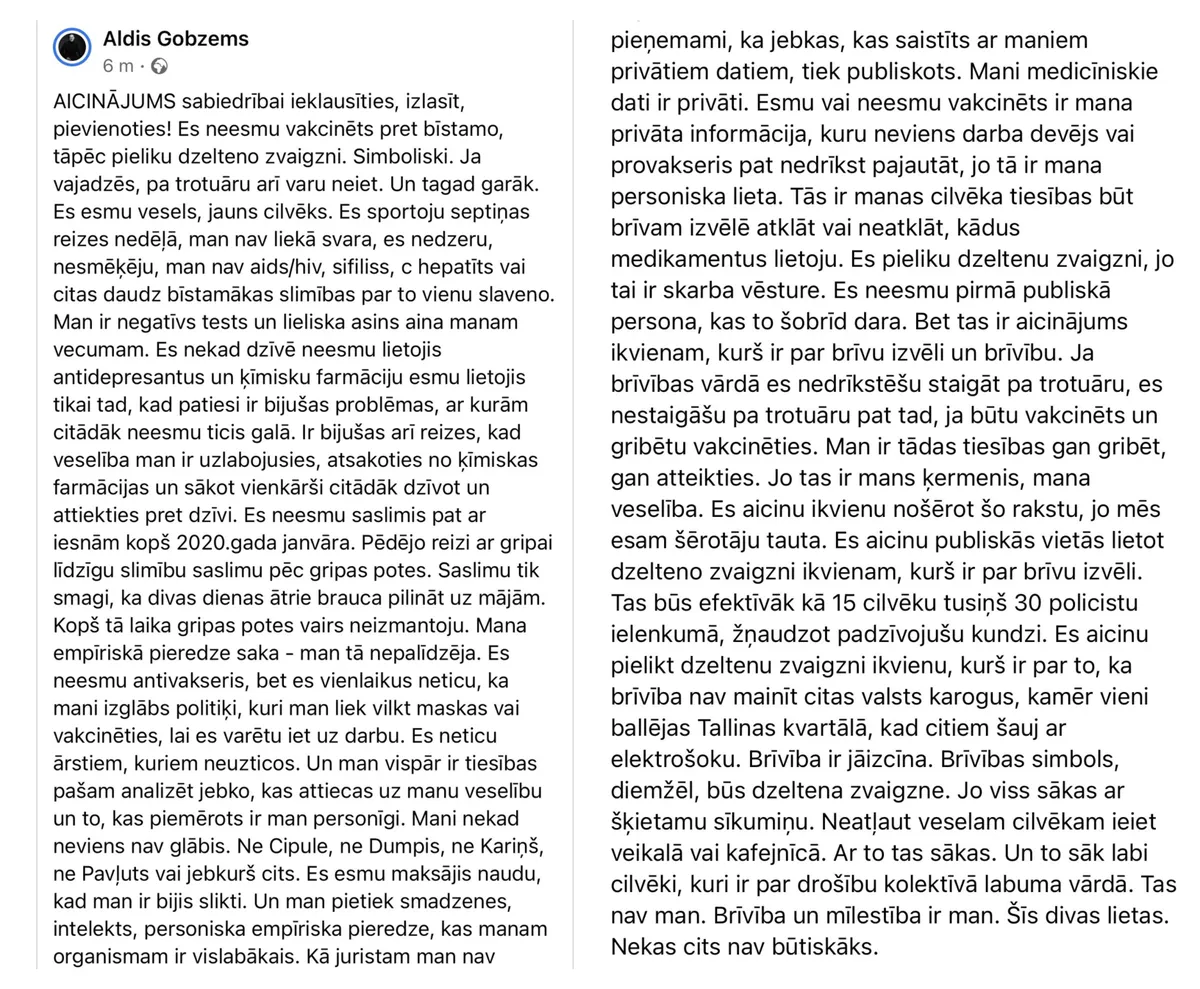 Ekrānšāviņi no Alda Gobzema "Twitter" konta