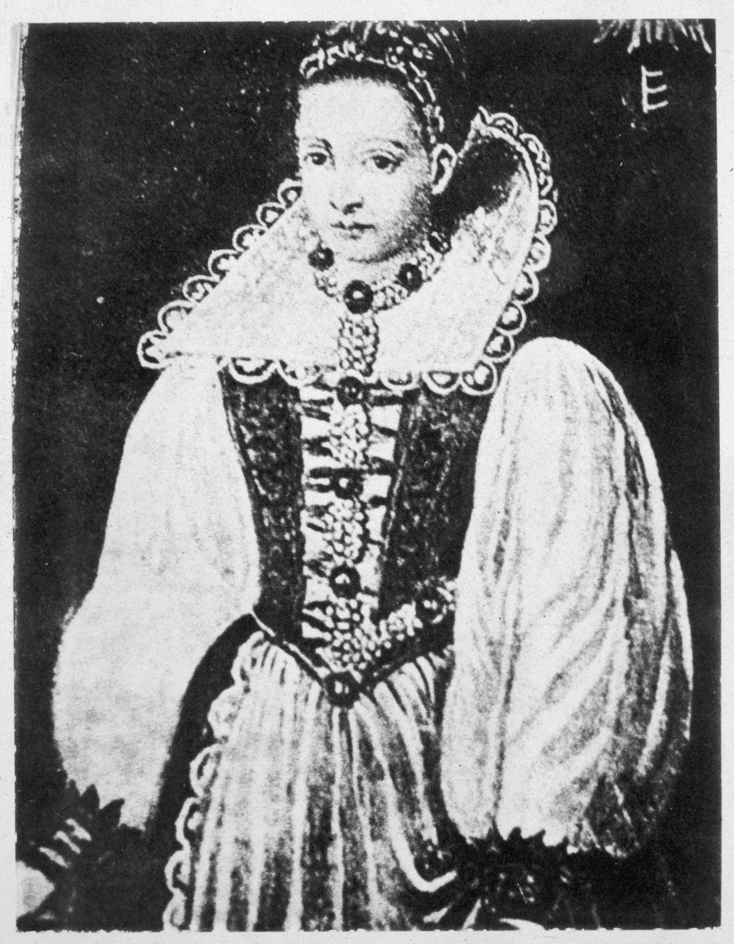 Mustvalge foto 16. sajandi maalist, millel on kujutatud Ungari krahvinnat Erzsébet Báthoryt (1560 - 1614)