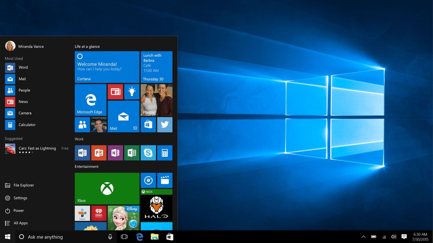 Undated handout photo issued by Microsoft of the Windows 10 start menu, at the launch of the new operating system, which is the biggest update the company has ever made to its computer software.