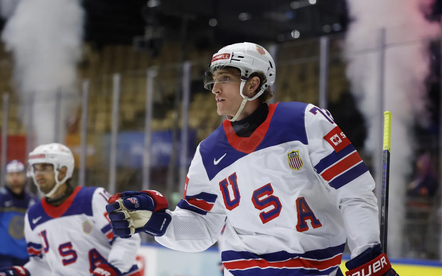 USA ründaja Tage Thompson. Ameeriklased proovivad mängus Tšehhiga oma MM-turniiri tagasi rööbastele saada.