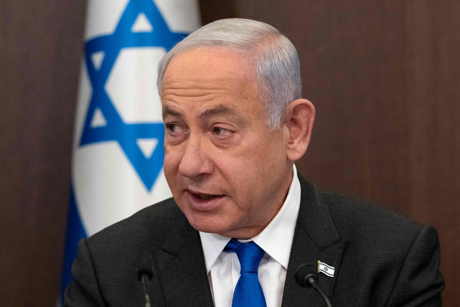 Israels Prime Minister Benjamin Netanyahu chairs the weekly cabinet meeting in Jerusalem, on March 12, 2023. (Photo by Maya Alleruzzo / POOL / AFP)