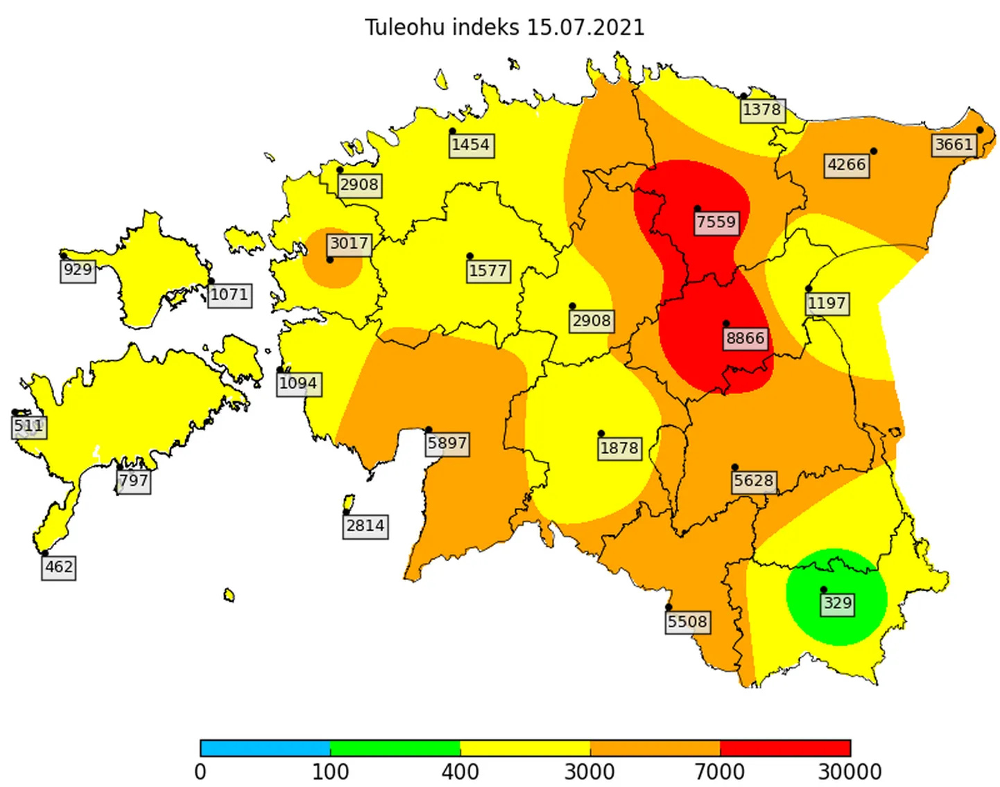 16-20.07 on võimalikud üksikud harvad sajuhood, mis üldist tuleohtu ei vähenda, ennemini jätkub tuleohu suurenemine,
Lääne-Eestis III-IV, kohati V klassini, idapoolsetes maakondades IV-V klassini, lokaalselt hoogsadude piirkonnas väheneb II-III klassini.