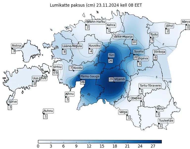 Ilmateenistuse lumekaart 23. novembri hommikuse seisuga.