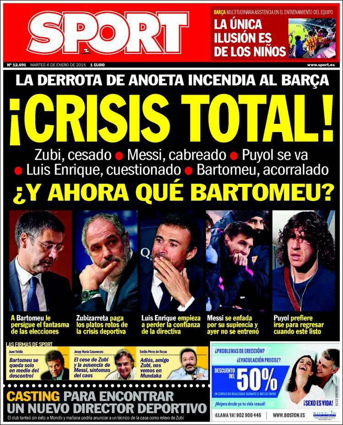 Sporti esikaas, kus on ära toodud nii Bartomeu, Zubizarreta, Enrique, Messi ja Puyol.