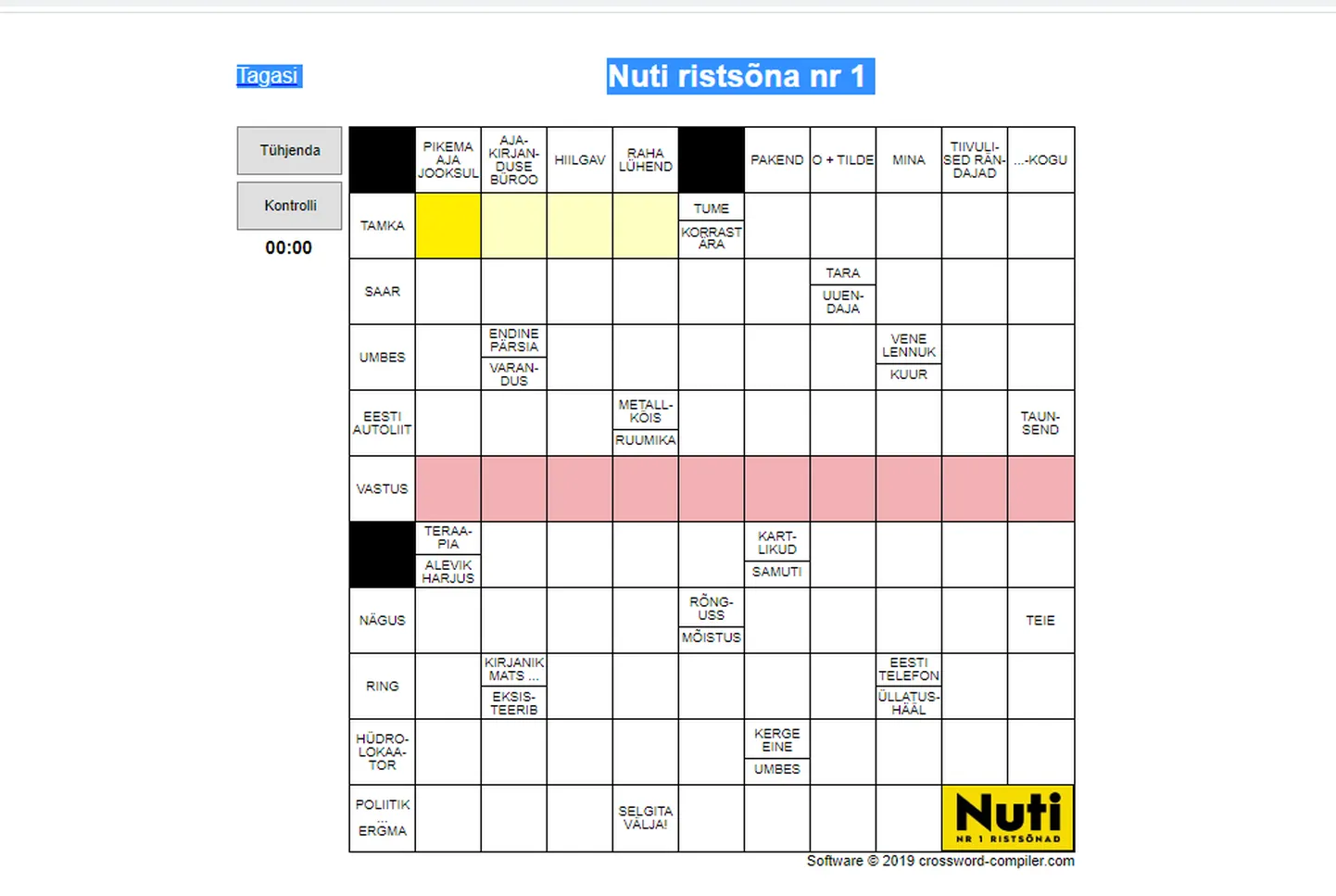 Näide Nuti ristsõnast, mida saab veebis tasuta lahendada.