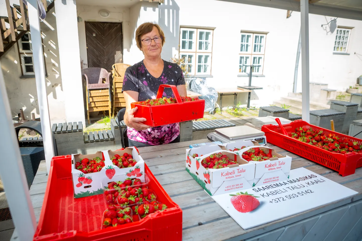 Kabeli talu perenaine Helve Turja tänavuste esimeste maasikatega turul.