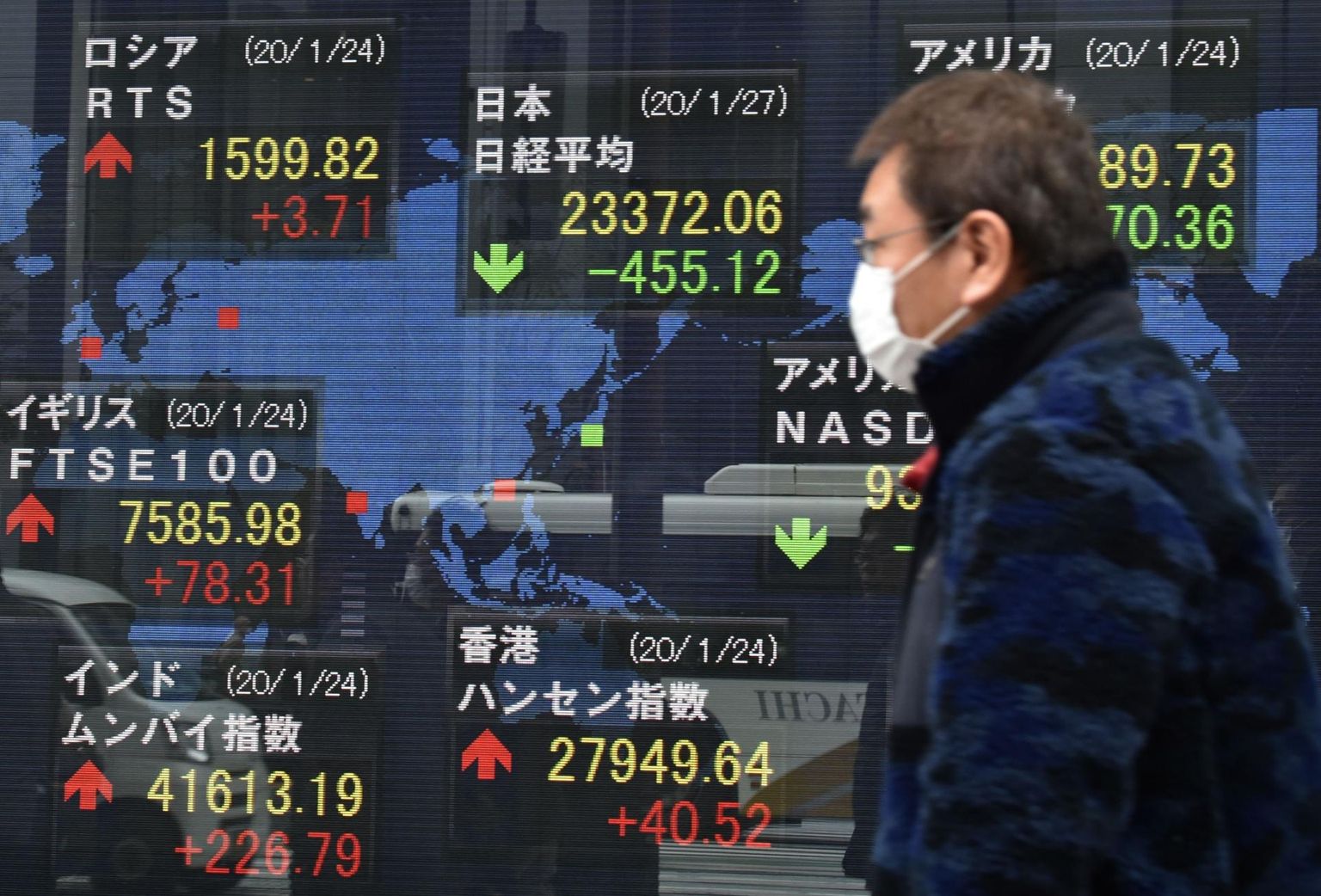 Jalakäija Tokyo börsi tabloo ees. Aasia börsidel tähistatakse langust rohelise ja tõusu punase värviga.