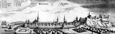 Вид на Таллинн в первой половине 17-го века. Слева виден Собор святой Гертруды. Гравюра Адама Олеариуса.