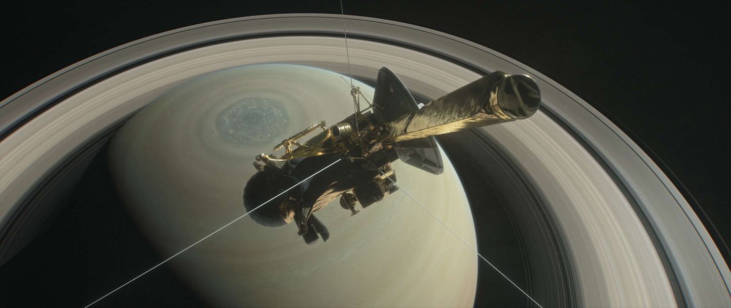 NASA kunstniku kujutis Cassinist Saturni põhjapoolkera kohal.