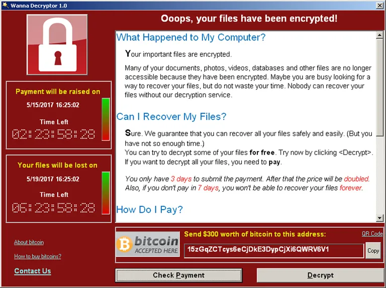 Kuvatõmmis tekstist, mis ilmus ekraanile WannaCry rünnaku ohvriks sattudes.