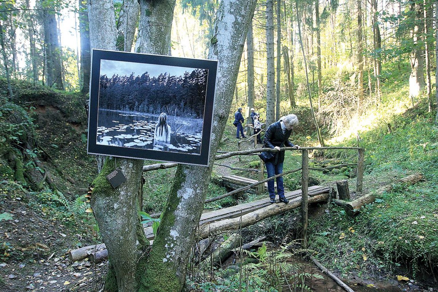 Foto neiust, kes seisab poolenisti vees, on seotud puutüve külge, nagu ka mustale paberile trükitud luuleread. Üks näituselisi on heitnud pilgu orus voolavale veele, teised vaatavad väljapaneku järgmist fotot.