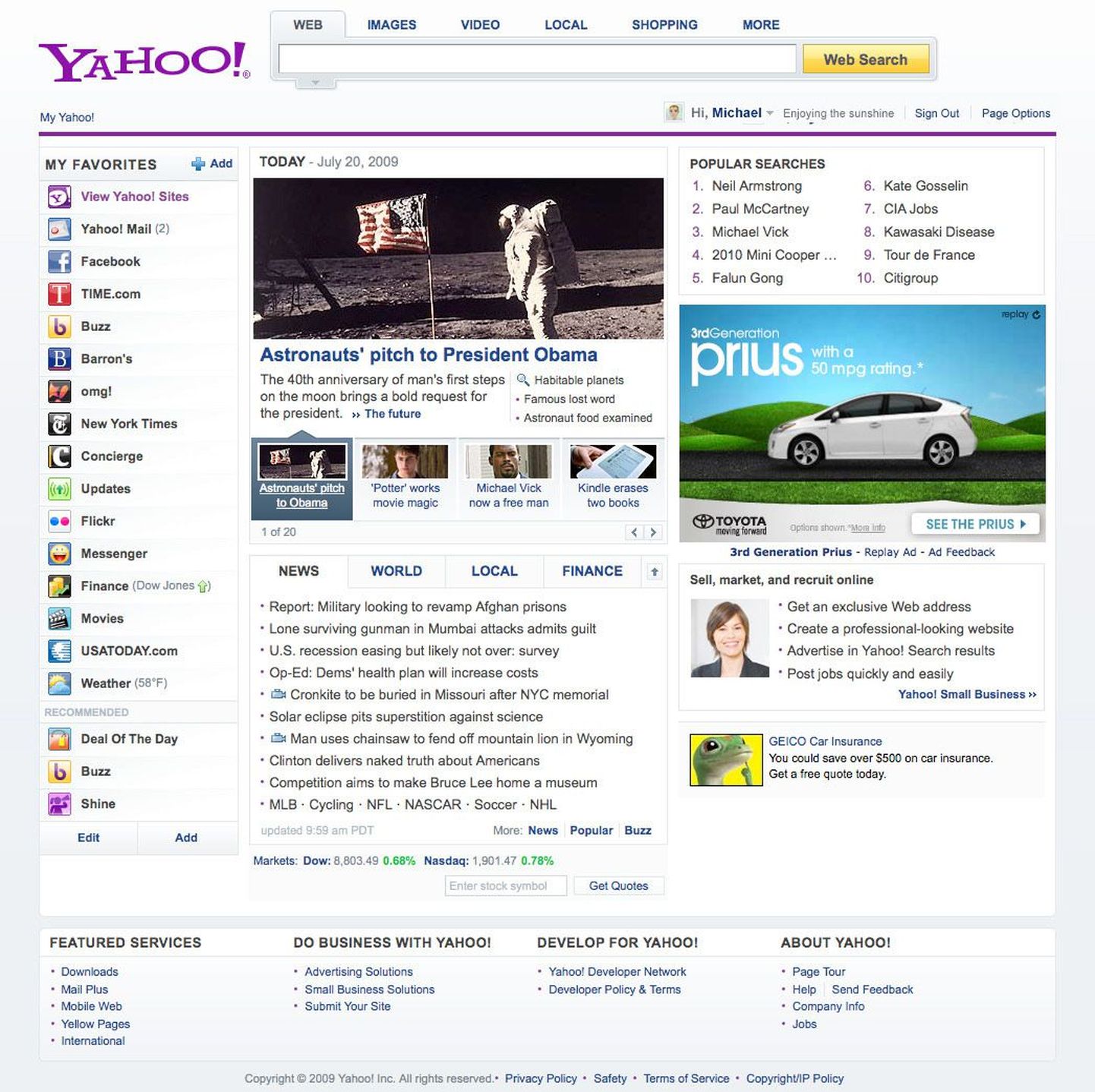 Yahoo uue kujundusega koduleht 21. juulil 2009