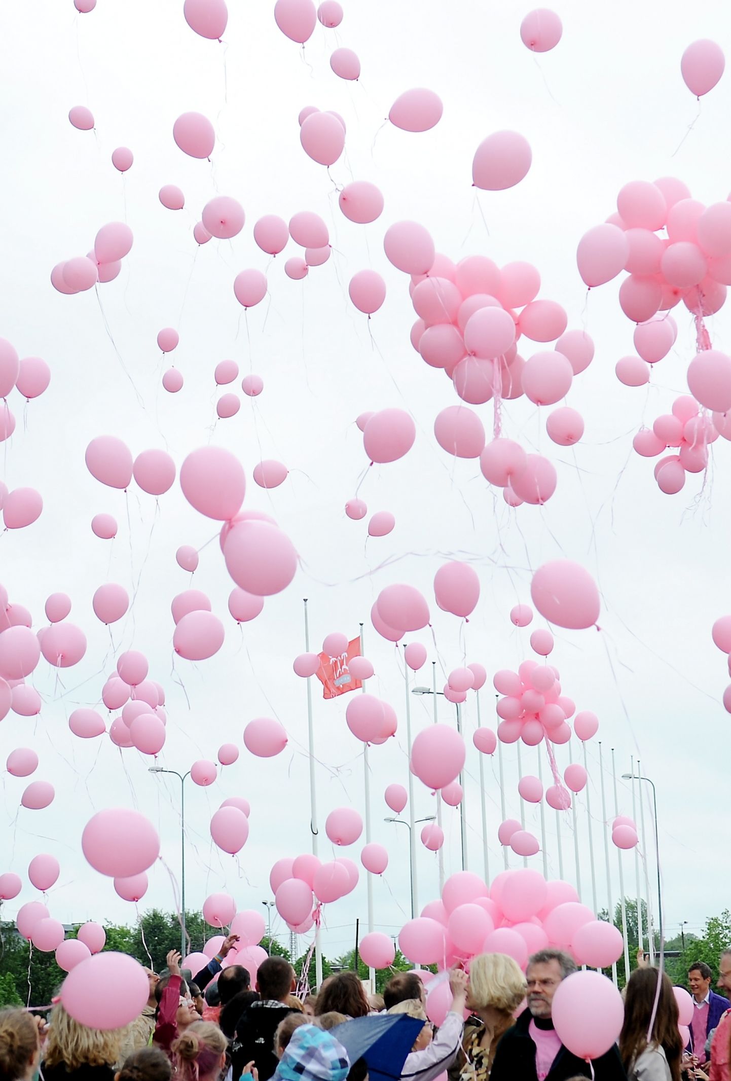 Запуск в небо шаров в рамках информационной кампании о раке груди
