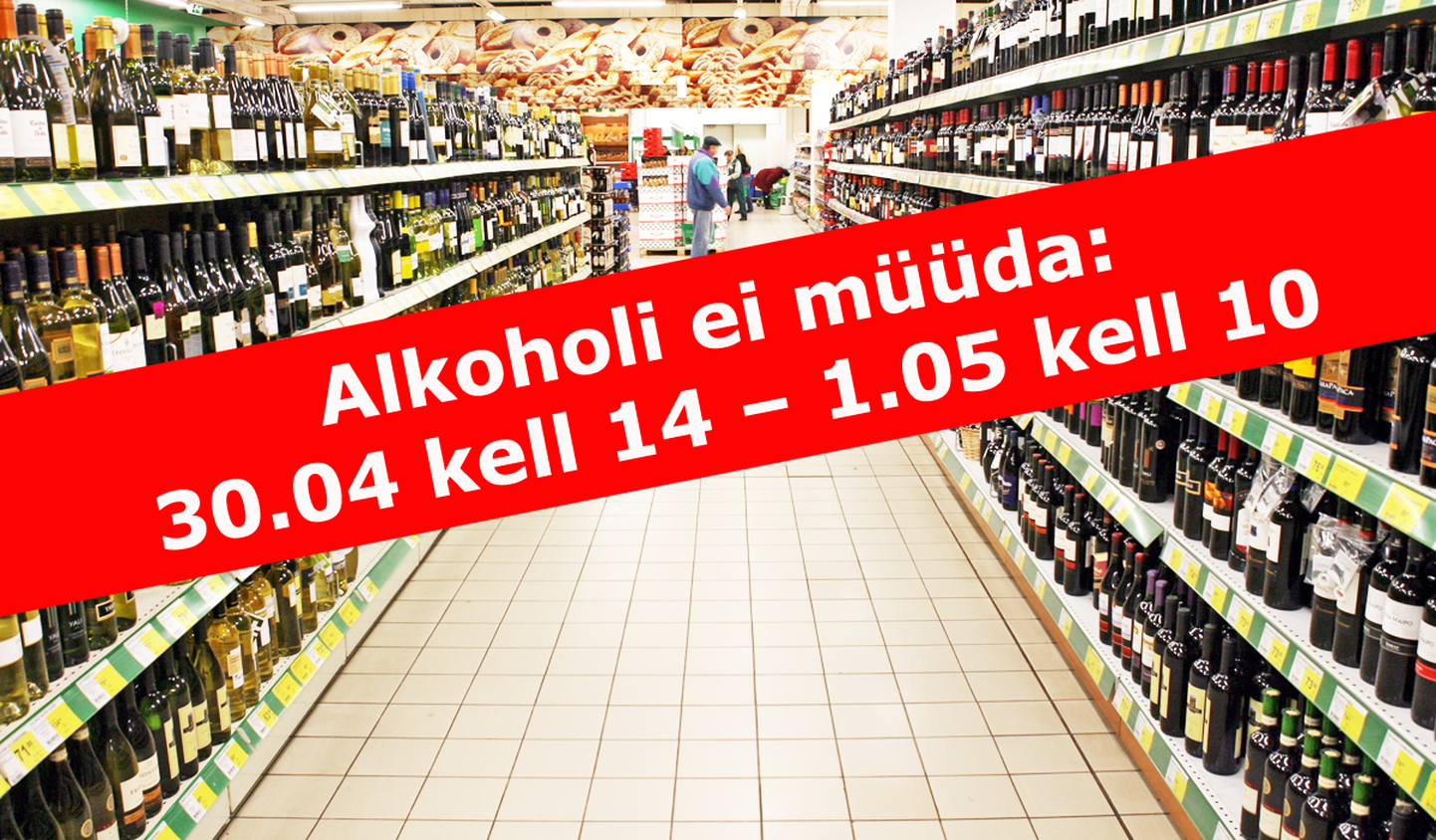 alkoholi ei müüda: 30.04 kell 14 - 1.05 kell 10