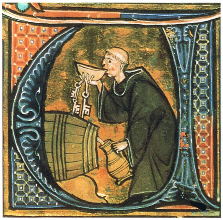 Munk proovib veini. Illuminatsioon Sienast pärit Aldobrandino (13. sajand) tehtud «Li livres dou santé» tehtud koopiast.