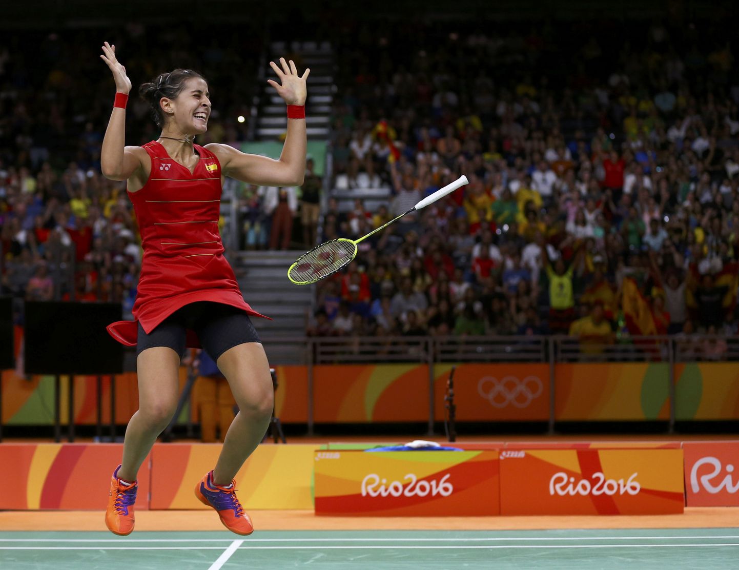 Carolina Marin Rio olümpiavõitu tähistamas.