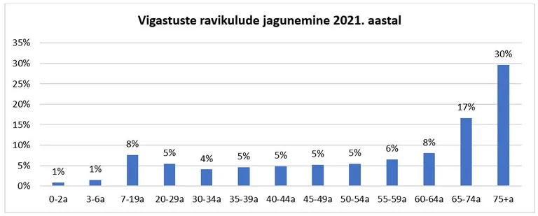 Vigastuste ravikulude jagunemine 2021. aastal