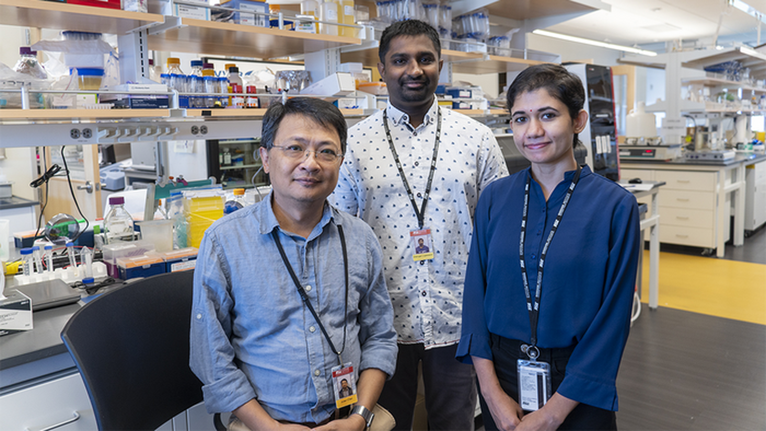 Vasakult paremale: professor Julian Chen ja tema kaastöötajad Dhenugen Logeswaran ja Khadiza Akhter Arizona osariigi ülikooli molekulaarteaduste instituudist.
