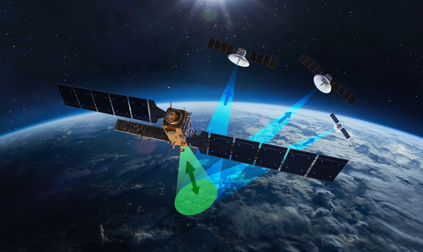 Kunstniku nägemus KappaZeta globaalsest metsa kõrgust mõõtvast satelliitmissioonist Sentinel-1 kaassatelliitide abil.