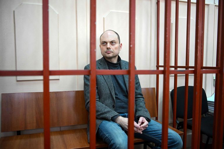Владимир Кара-Мурза в клетке во время слушаний в Басманном суде в Москве, 10 октября 2022 года