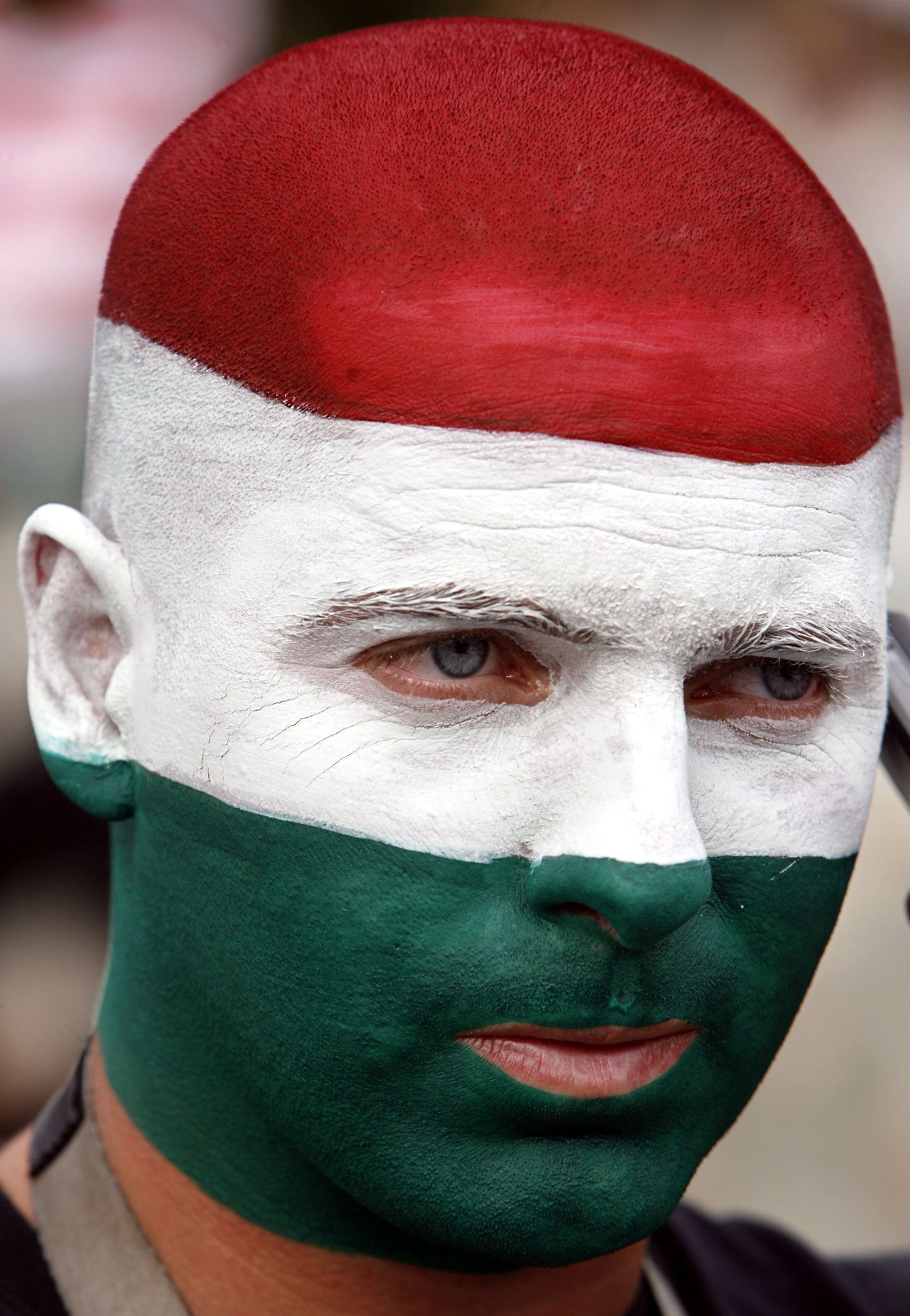 Мужчина раскрасил лицо в цвета венгерского флага. Иллюстративное фото.
