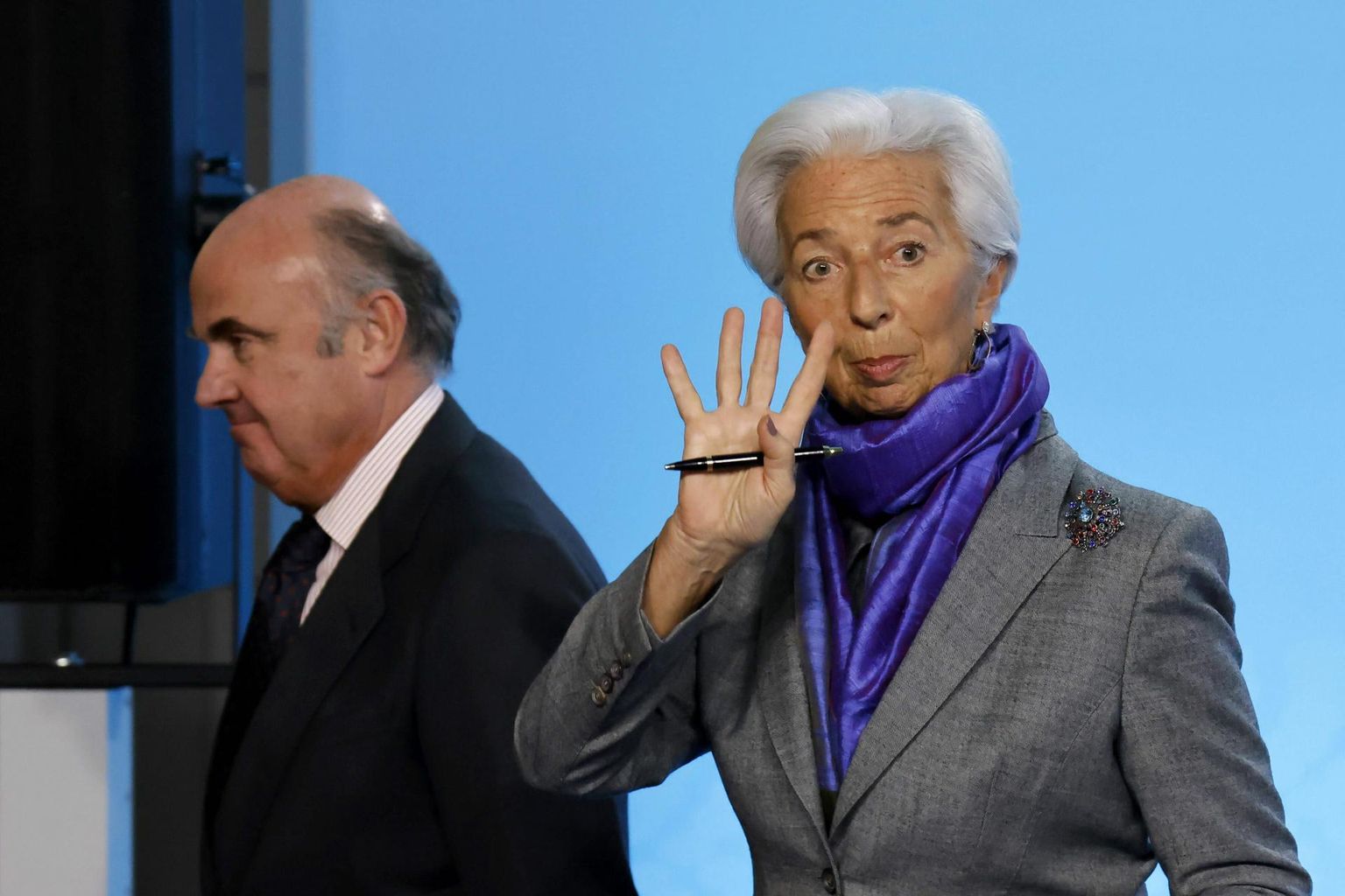 Euroopa Keskpanga president Christine Lagarde ja asepresident Luis de Guindos pressikonverentsil pärast keskpanga nõukogu eelmist koosolekut detsembris.