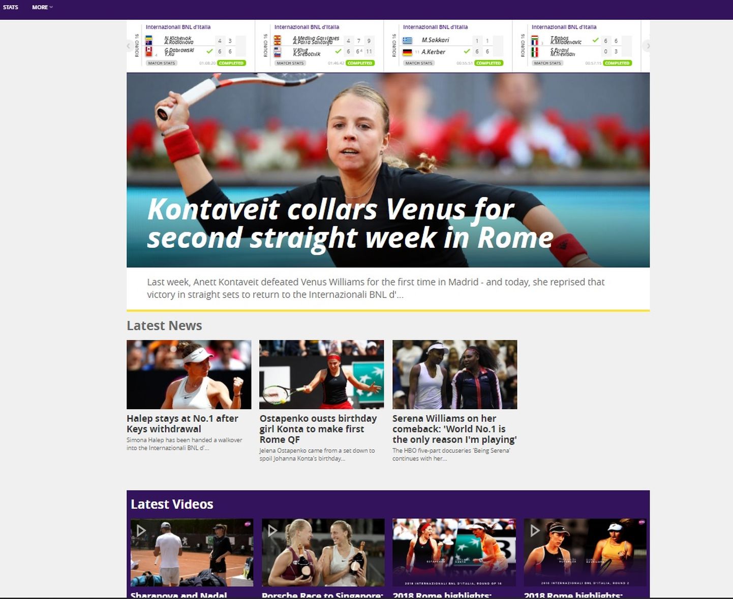 WTA koduleheküljel on Anett Kontaveidi võit Venus Williamsi üle hetkel uudis number üks!