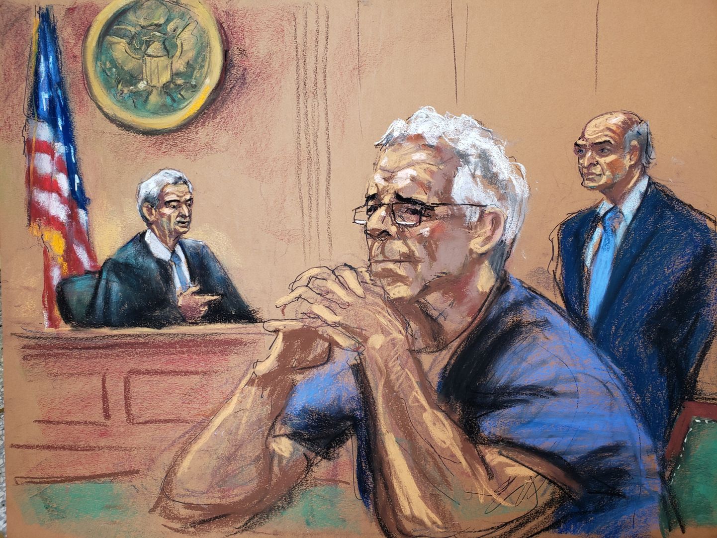 Seksuaalkuritegudes süüdistatud ärimees Jeffrey Epstein USA kohturuumis.
