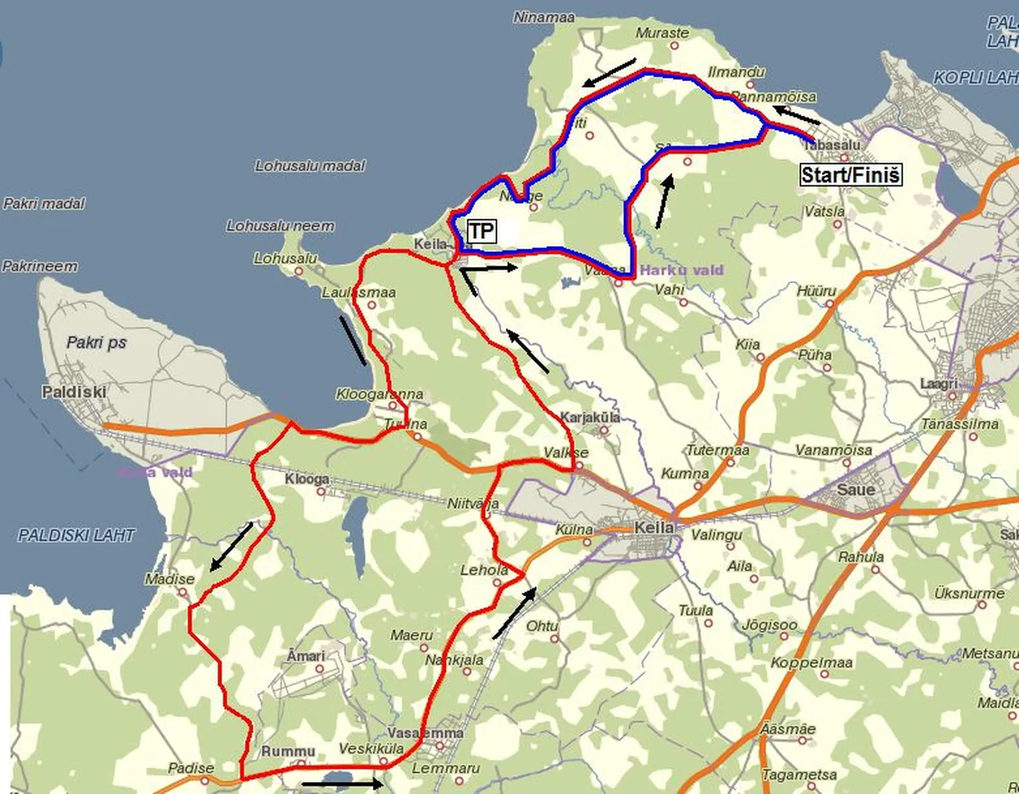 Tabasalu rattaralli pikk distants sõidetakse lühikese distantsiga samal rajal (tähistatud sinisega).