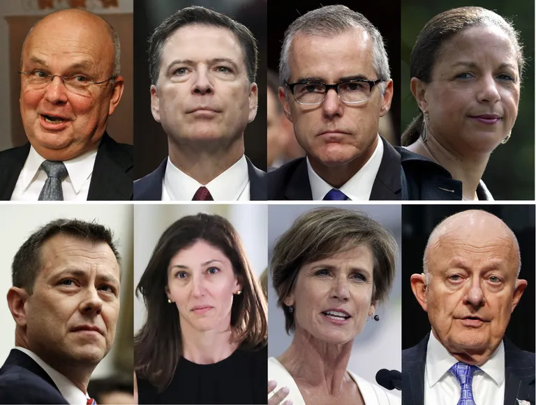 Pildil on kujutatud kaheksat isikut, kellelt president Trump kaalub ära võtta ligipääsuluba salastatud infole. 
Ülemine rida vasakult: endine CIA direktor Michael Hayden, endine FBI direktor James Comey, endine FBI tegevdirektor Andrew McCabe ja endine julgeolekunõunik Susan Rice. Alumine rida vasakult: endine FBI asedirektor Peter Strzok, endine FBI advokaat Lisa Page, endine asepeaprokurör Sally Yates ja endine Riikliku Luureameti direktor James Clapper.