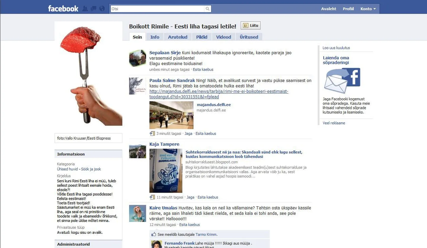 Rimi vastane leht Facebookis.