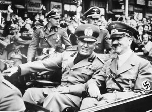 FILE - File photo dated Sept. 28, 1938 showing Italian dictator Benito Mussolini, at left in foreground, and  Nazi leader Adolf Hitler, at right, taken just before the four power conference in Munich, Germany. As a gesture of friendship, Hitler met  Mussolini with his car at the Italo-German frontier. Benito Mussolini was a fierce anti-Semite, who proudly said that his hatred for Jews preceded Adolf Hitler's and vowed to "destroy them all," according to previously unpublished diaries by the Fascist dictator's longtime mistress. According to the diaries, Mussolini also talked about the warm reception he got from Hitler at the 1938 Munich conference - he called the German leader a "softie" - and attacked Pope Pius XI for his criticism of Nazism and Fascism. The dairies kept by Claretta Petacci, Mussolini's mistress, between 1932 and 1938 are the subject of a book coming out the week beginning Monday Nov. 16, 2009,  in Italy, entitled "Secret Mussolini." Excerpts were published Monday by Italy's leading daily Corriere della Sera and confirmed by publisher Rizzoli. On a more intimate note, Mussolini was explicit about his sexual appetites for his mistress and said he regretted having affairs with several other women. (AP Photo/File) / SCANPIX Code: 436